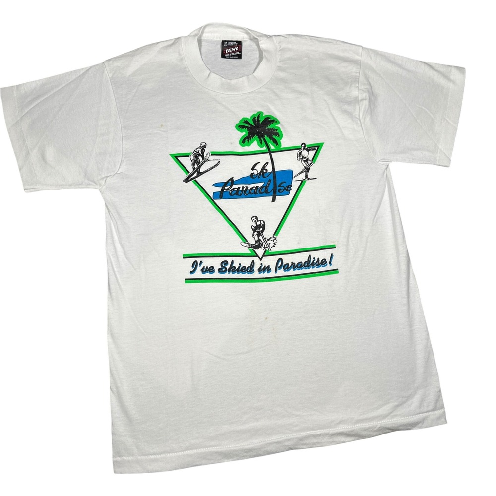 Vintage 80s Ski Paradise Water Skiing T Shirt Best Fruit of the Loom White M